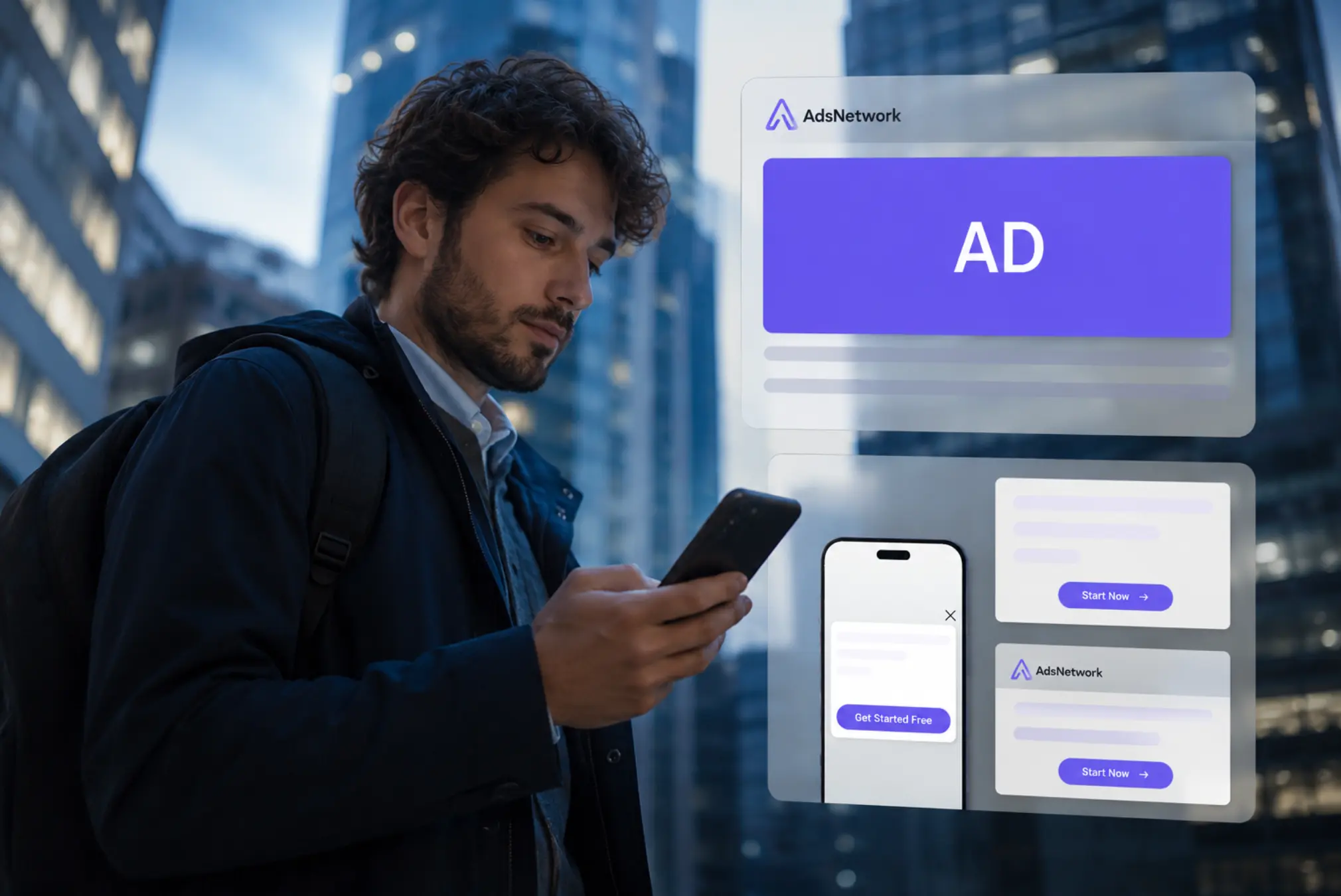 person browsing on mobile with ad format previews overlaid