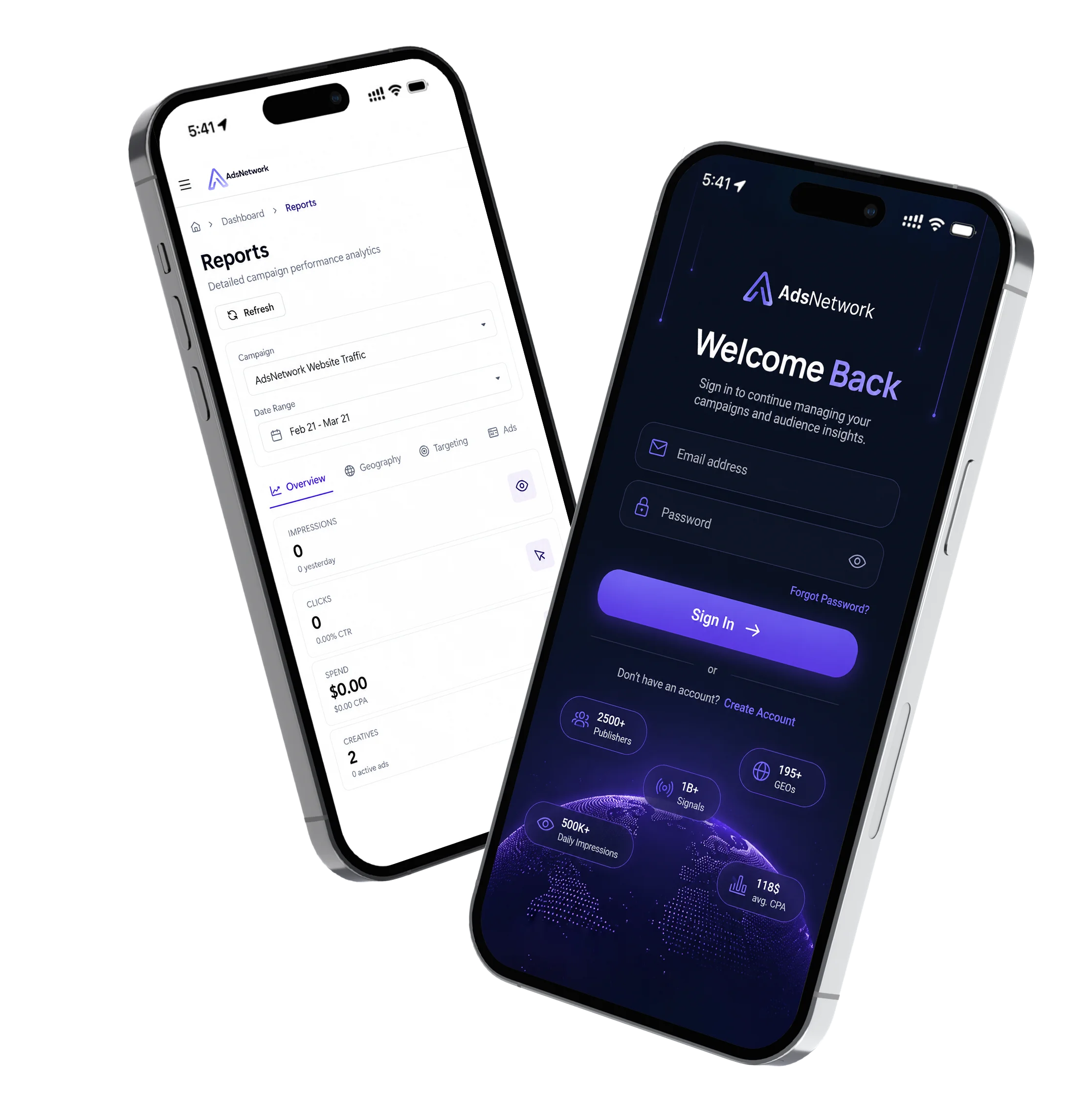 Modern mobile app UI design displayed on smartphones with dashboard and user account screens.