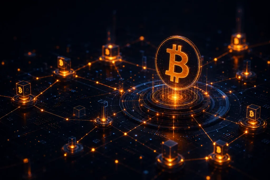 Glowing Bitcoin symbol connected to decentralized network nodes across a dark futuristic blockchain interface.