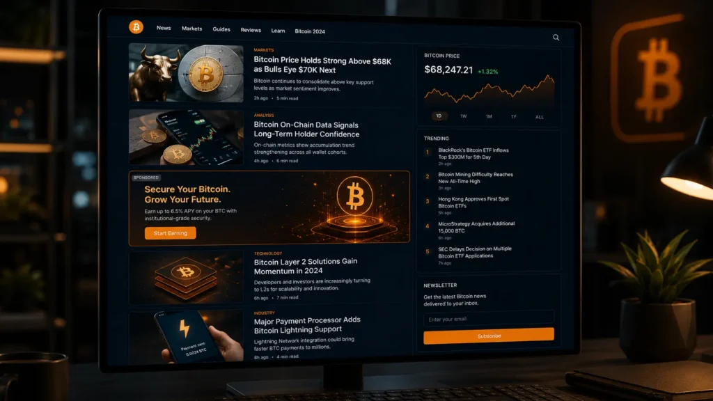 Dark-themed Bitcoin news website displaying market articles, price data and a native sponsored advertisement.