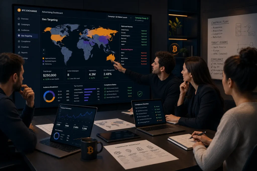 Bitcoin exchange marketing team reviewing a geo-targeted advertising campaign, regional compliance settings and performance metrics.