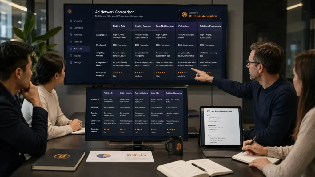 Bitcoin marketing team comparing ad network formats, targeting options, minimum spend and conversion potential on multiple screens in a modern meeting room.