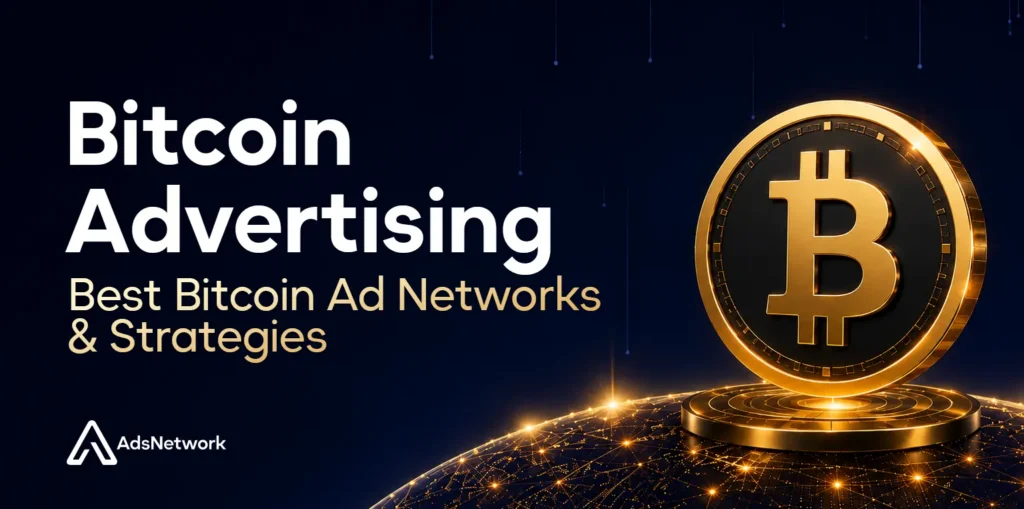 Bitcoin Advertising blog cover featuring a large gold Bitcoin coin above a glowing digital network globe on a dark navy background.