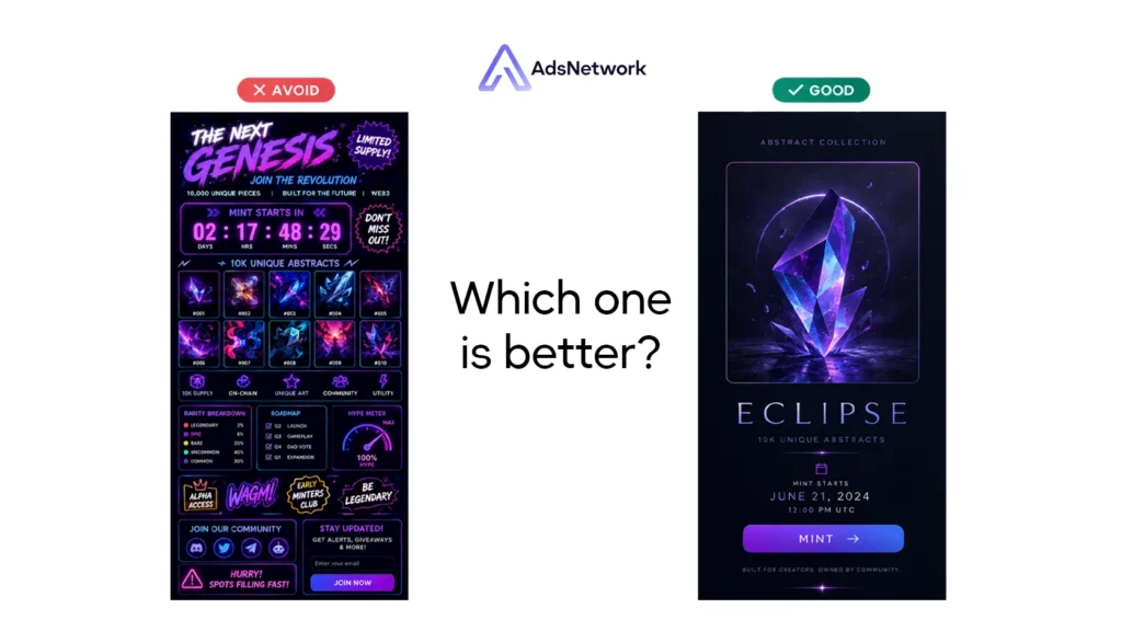 NFT drop banner good versus cluttered example