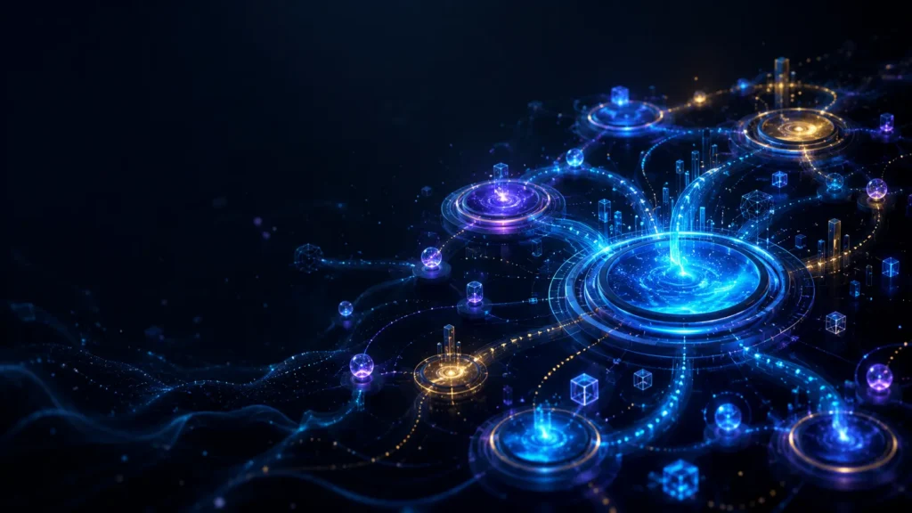 Futuristic DeFi advertising network visualization with glowing protocol nodes, liquidity pools, and connected blockchain data paths on a dark tech background for AdsNetwork.