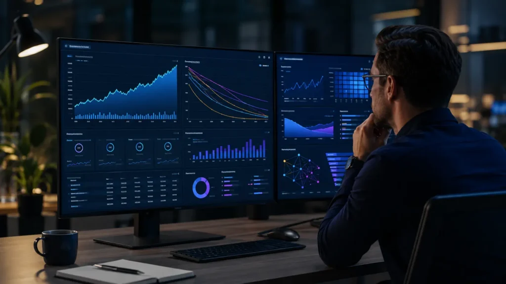AdsNetwork campaign analyst reviewing DeFi performance dashboards, including growth, retention, TVL inflows, and conversion metrics on dual monitors.