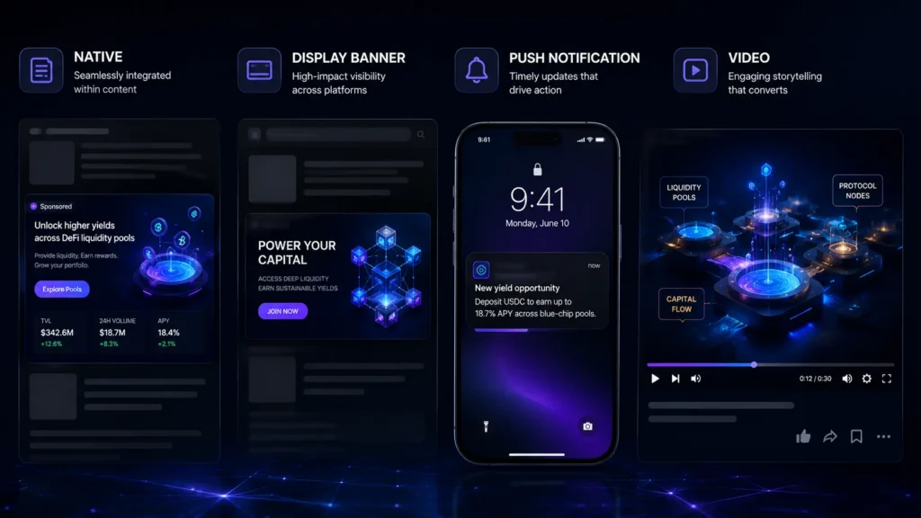 AdsNetwork DeFi advertising formats showing native ads, display banners, push notifications, and video campaigns across desktop and mobile interfaces.