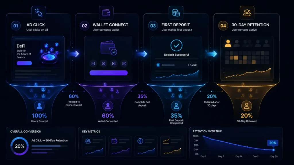 AdsNetwork DeFi conversion funnel showing the journey from ad click and wallet connection to first deposit and 30-day user retention, with key conversion metrics.