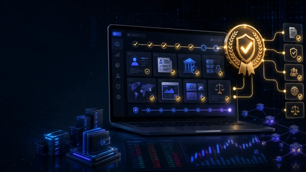 crypto advertising compliance dashboard with verification steps, blockchain elements, market charts, and a glowing gold certification badge on a dark navy background.