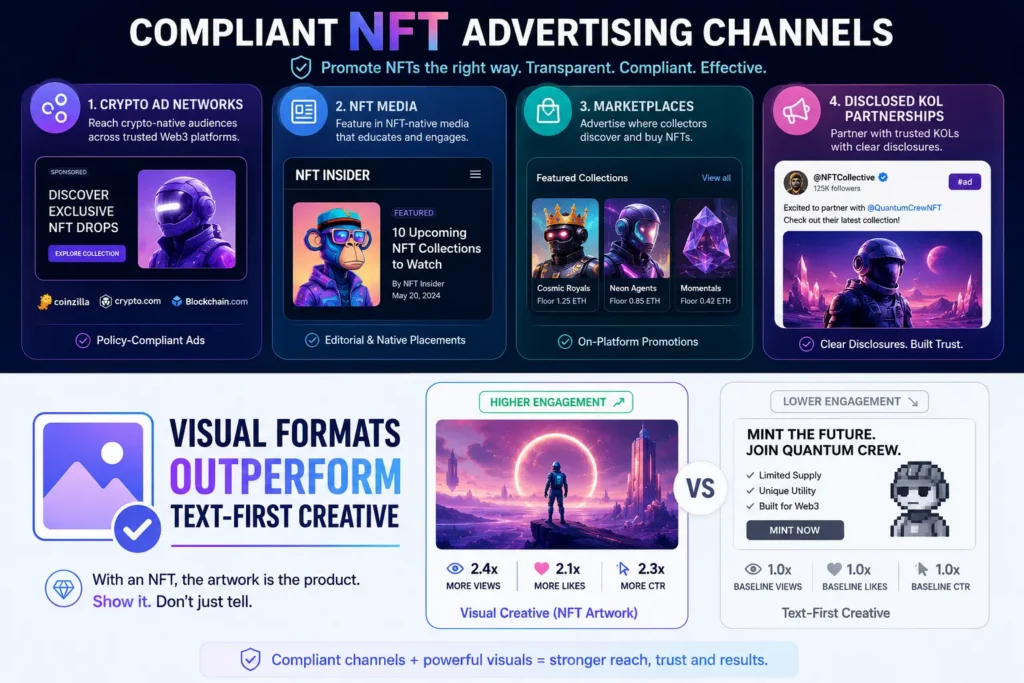 Ad formats that drive NFT mints including display banners, native ads and push notifications