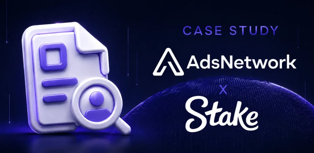 AdsNetwork and Stake case study graphic with futuristic purple background, digital globe, and 3D acquisition icon.