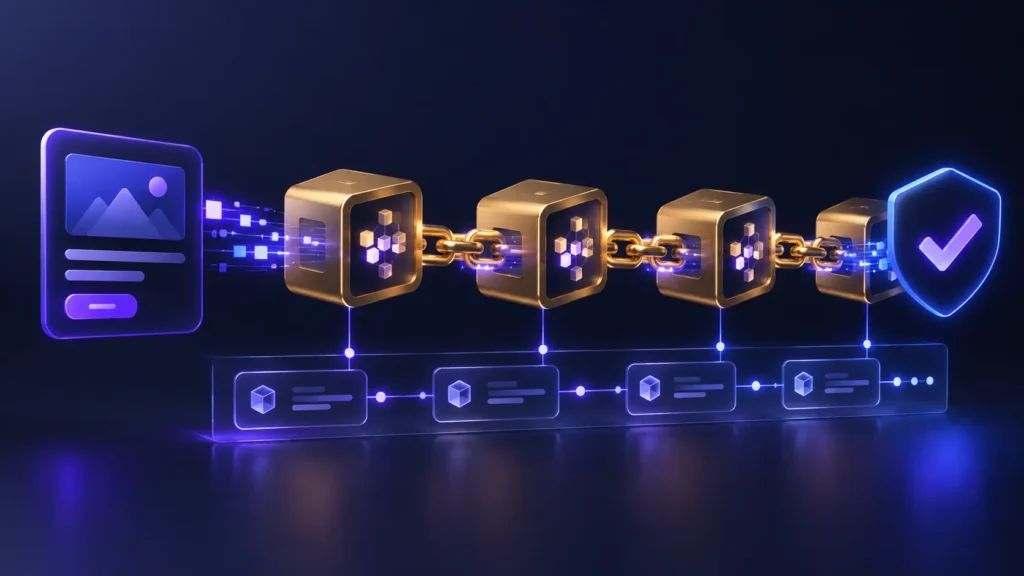 A glowing digital ad card sends data through linked blockchain blocks to a verified shield, with an illuminated ledger trail below showing transparent ad delivery and verification.