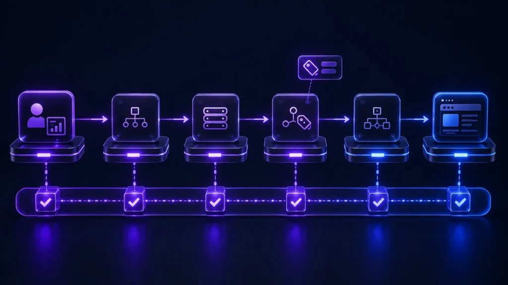 A digital advertising supply chain connects an advertiser to a publisher through multiple intermediary nodes, with each step recorded as a verified block on a glowing ledger and one node representing a visible fee.