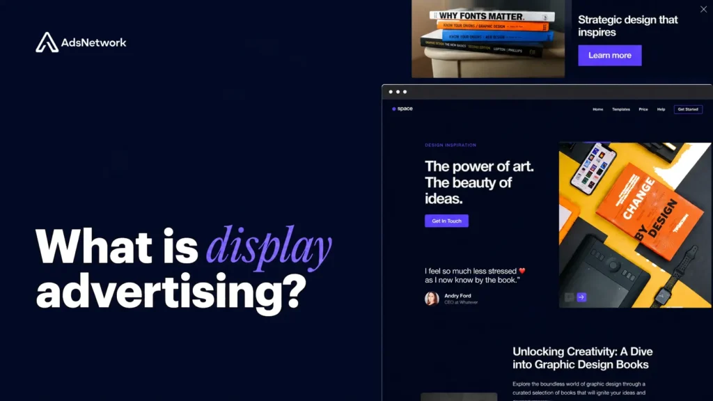 AdsNetwork graphic explaining display advertising, featuring a dark navy background, bold “What is display advertising?” headline, and examples of banner and website display ads.