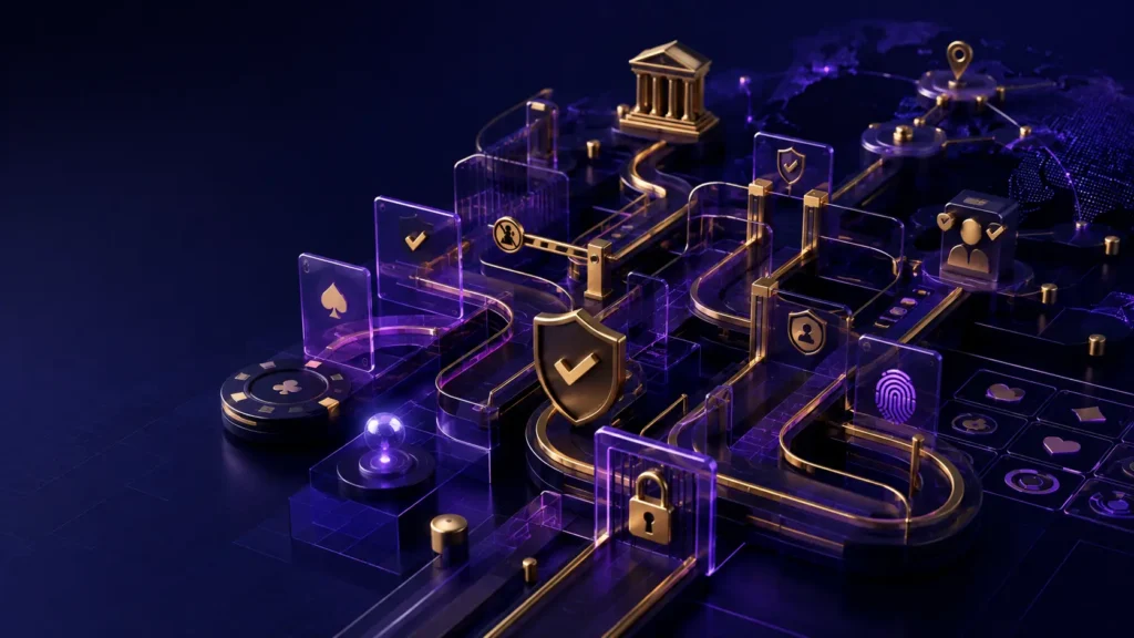 Abstract 3D compliance maze with gold shields, verification gates, locks, identity checks and gaming symbols connected across a glowing navy and violet digital network.