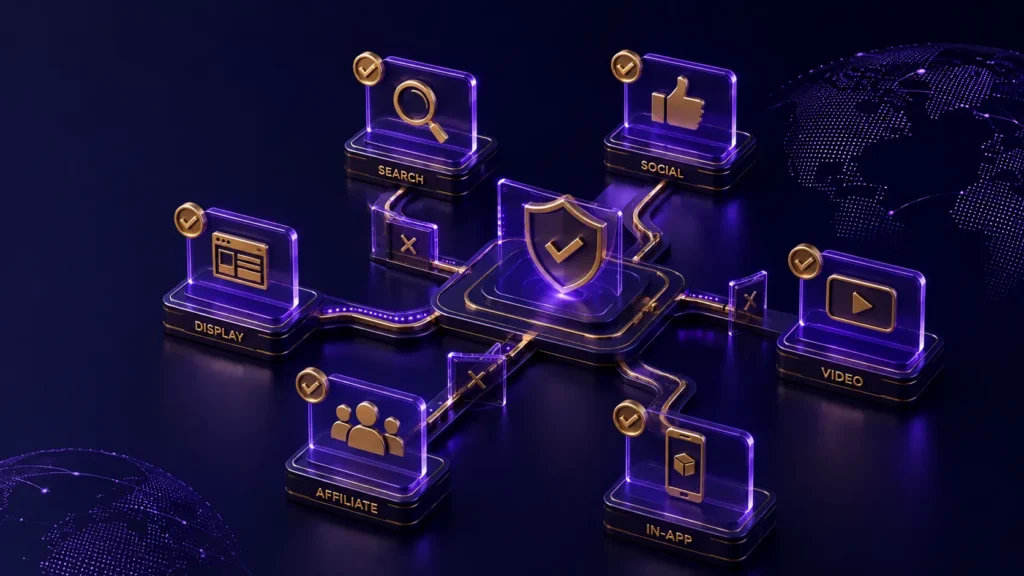 Futuristic 3D advertising network showing search, social, display, video, affiliate and in-app channels connected to a central compliance shield with approval and restriction checkpoints.