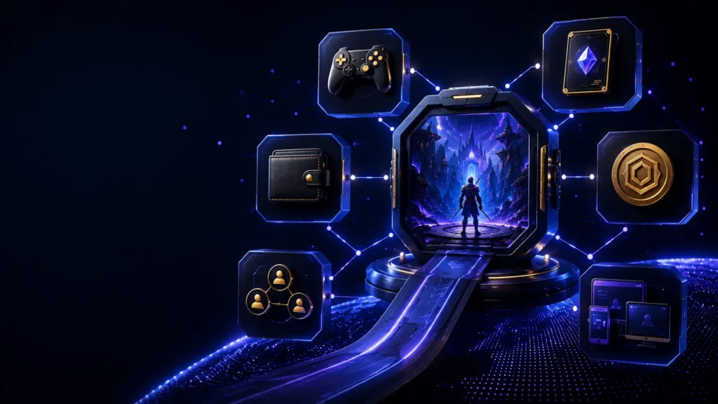 Futuristic Web3 gaming portal connected to icons for gameplay, digital ownership, wallets, tokens, community, and cross-platform access on a dark blue and purple network background.