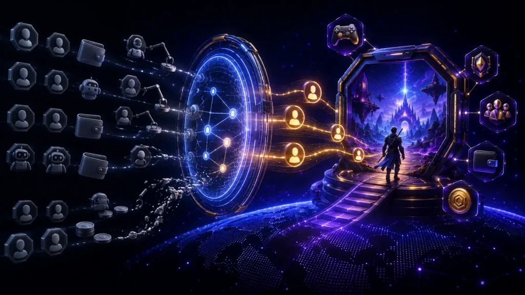 Web3 game advertising system filtering bots, duplicate accounts, and reward hunters while guiding genuine players through a glowing portal into a fantasy game world.
